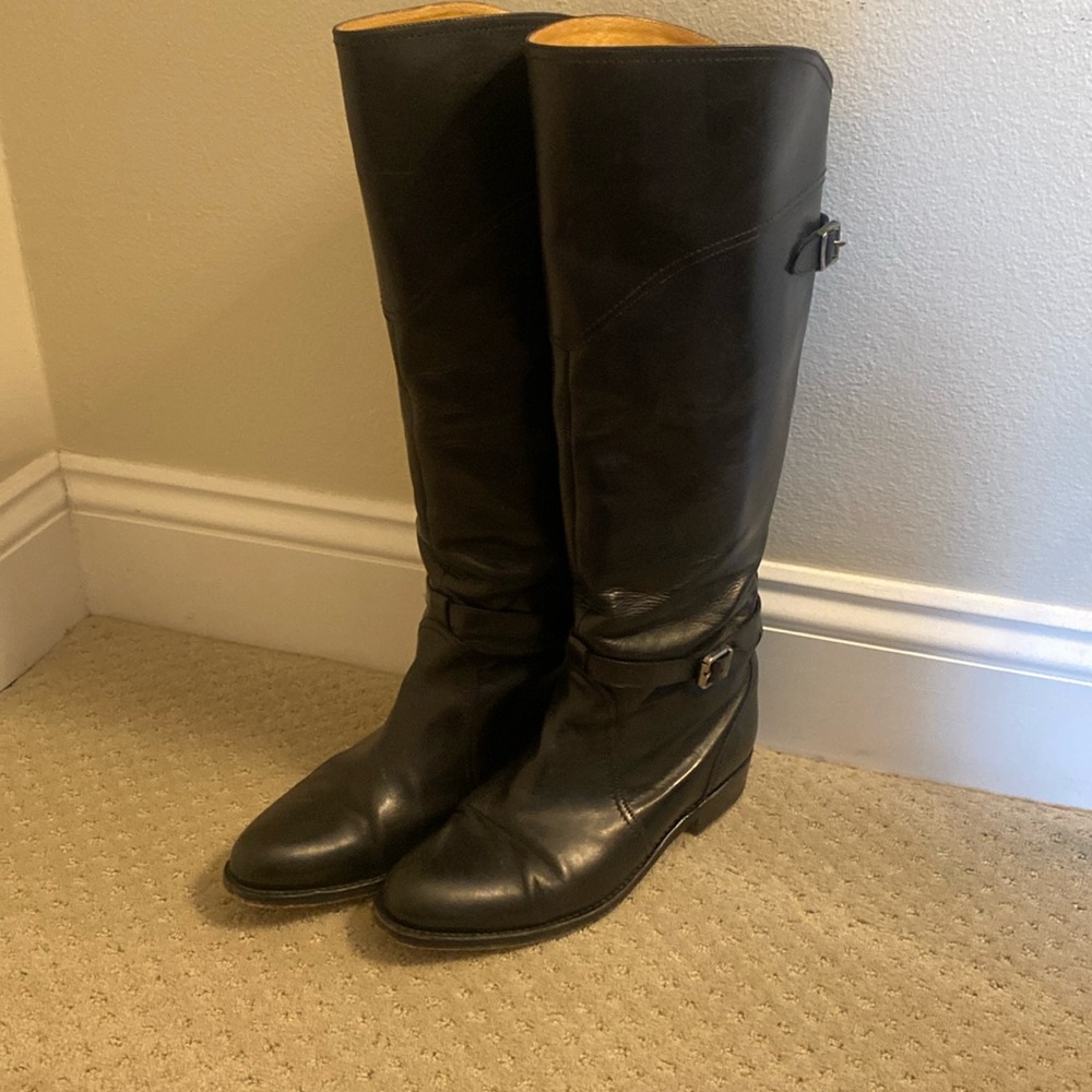 Frye black leather knee boots. Equestrian styling.